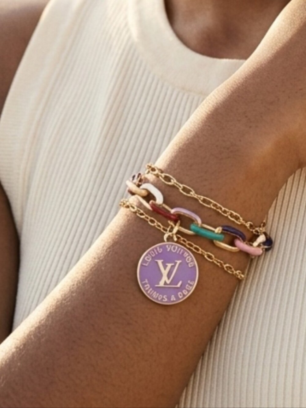 Purple/gold Multi Color Chain Link Bracelet, LV Trunks Bags Zip Pull